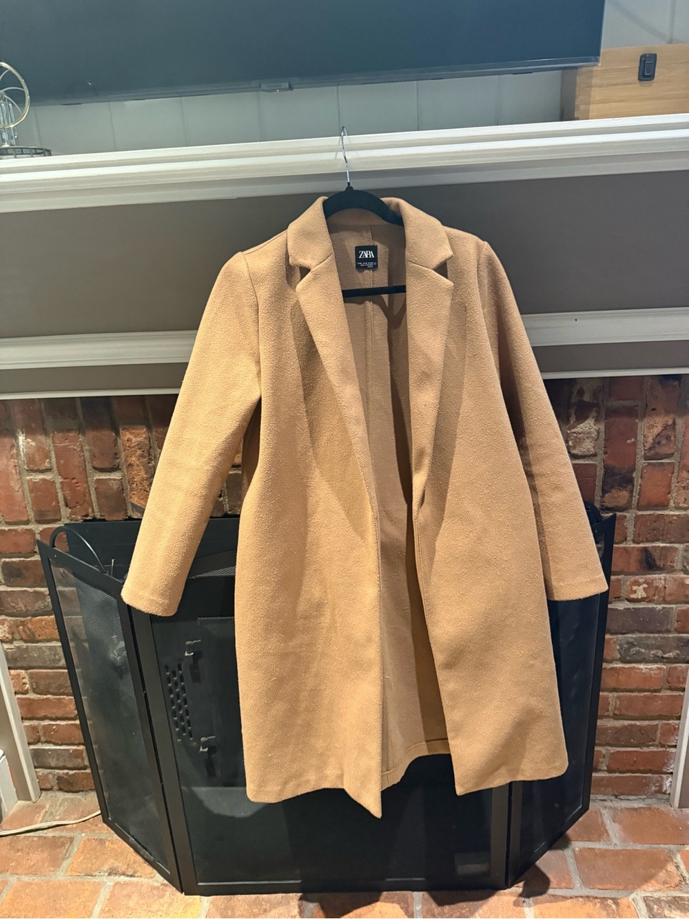 Zara Camel Brown Soft-Touch Open Front Longline Coat Size M